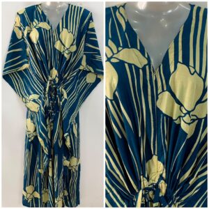 Teal Blue shade Four petal flower Stripe Print Cotton Maternity Nursing Kaftan