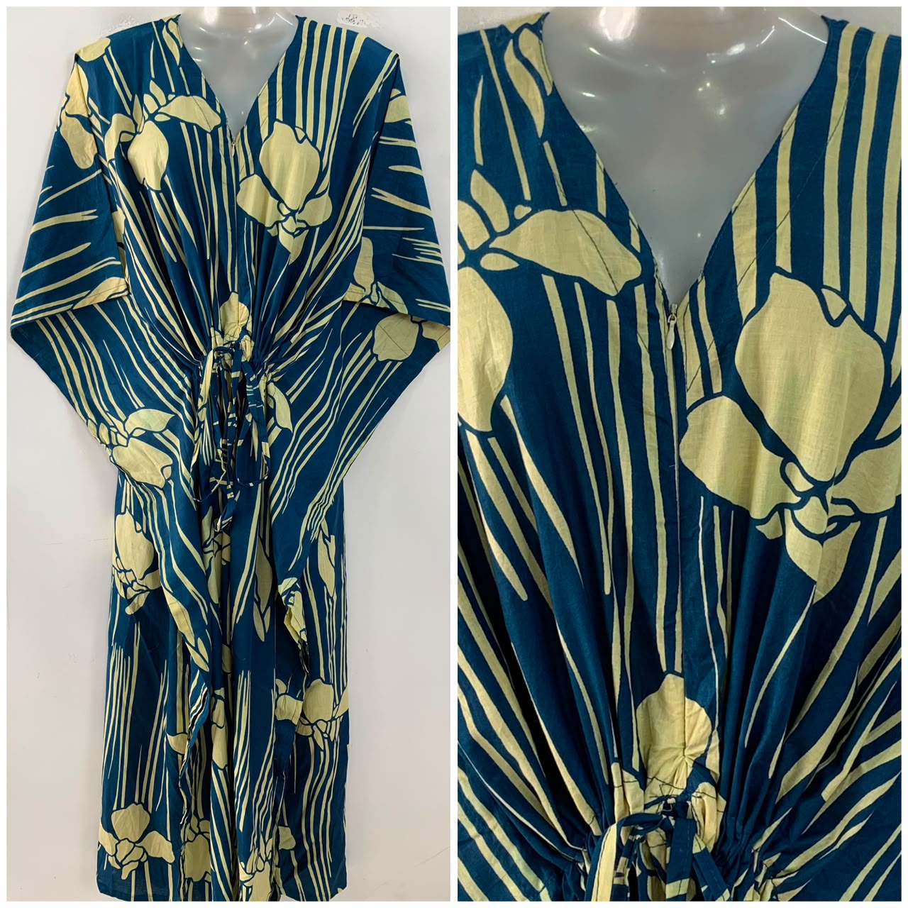 Teal Blue shade Four petal flower Stripe Print Cotton Maternity Nursing Kaftan