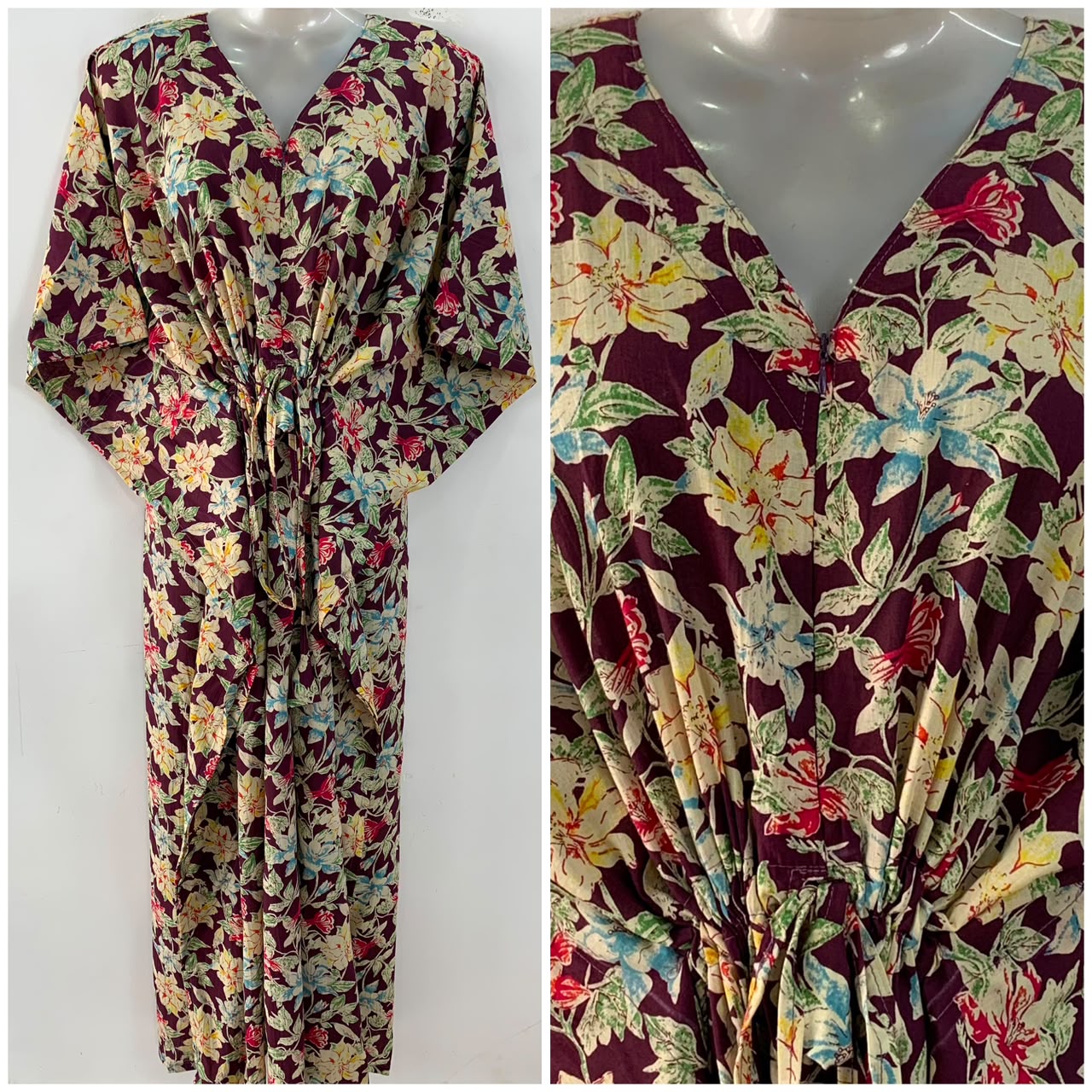 Plum shade Red-Blue Morning Glory Print Cotton Maternity Nursing Kaftan