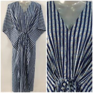 Dotted Blue Vertical Lining Print Cotton Maternity Nursing Kaftan