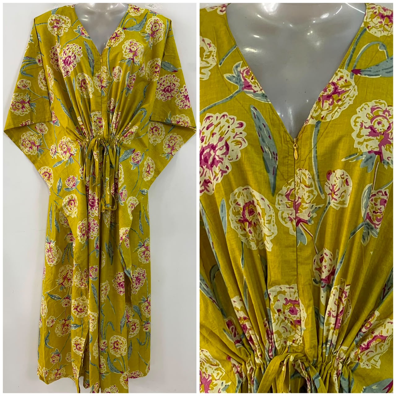 Lime yellow shade Yellow Dahlia Print Cotton Maternity Nursing Kaftan