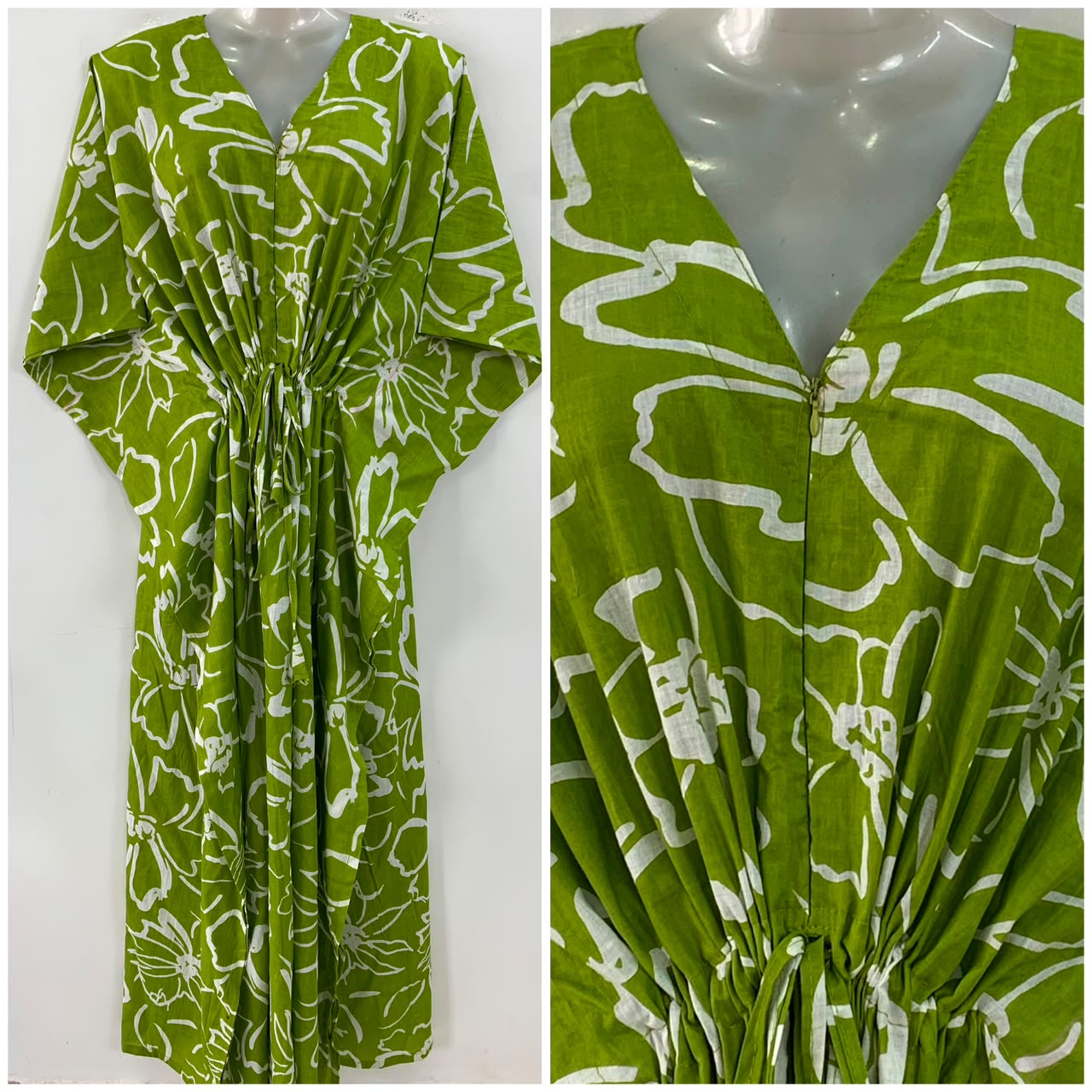 Fresh Green shade Big Flower Outliner Print Cotton Maternity Nursing Kaftan