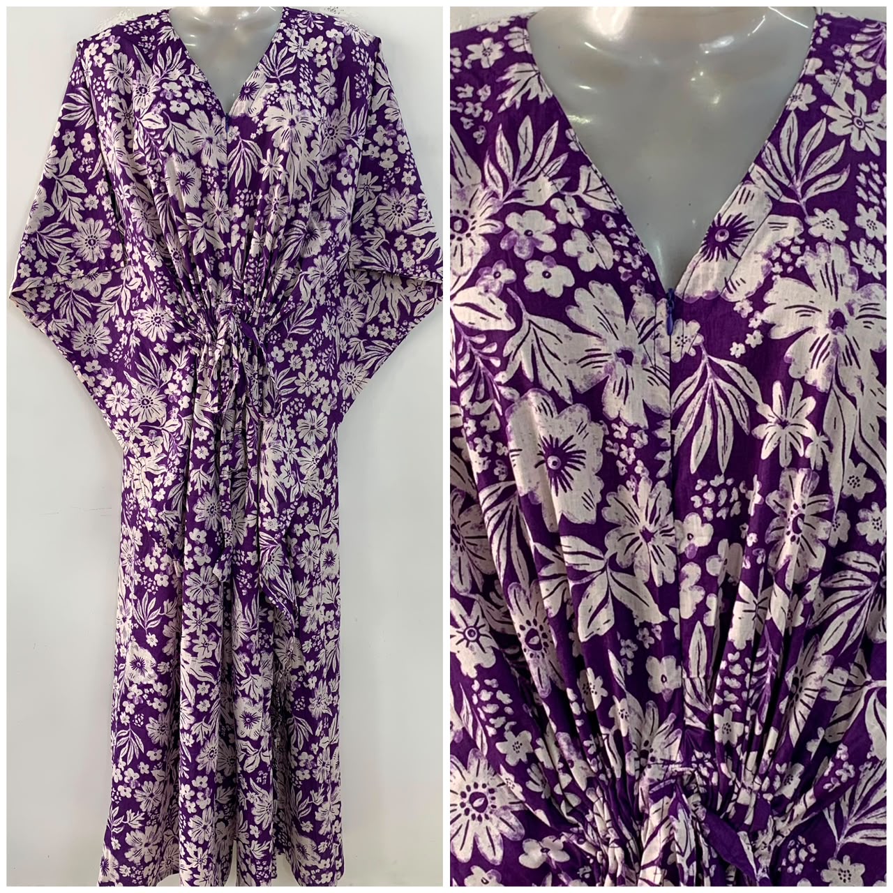 Purple shade White Flower Bunch Print Cotton Maternity Nursing Kaftan