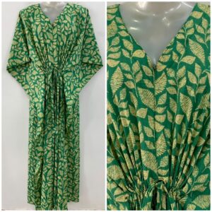 Matt Green shade Leafy Print Cotton Maternity Nursing Kaftan