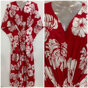 Red Shade Monstera Leafy Print Cotton Maternity Nursing Kaftan