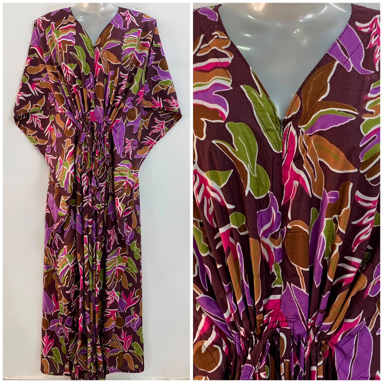 Brown shade Multicolor Leafy Abstract Print Cotton Maternity Nursing Kaftan