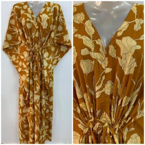 Mustard Brown shade Tulip Flower Print Cotton Maternity Nursing Kaftan