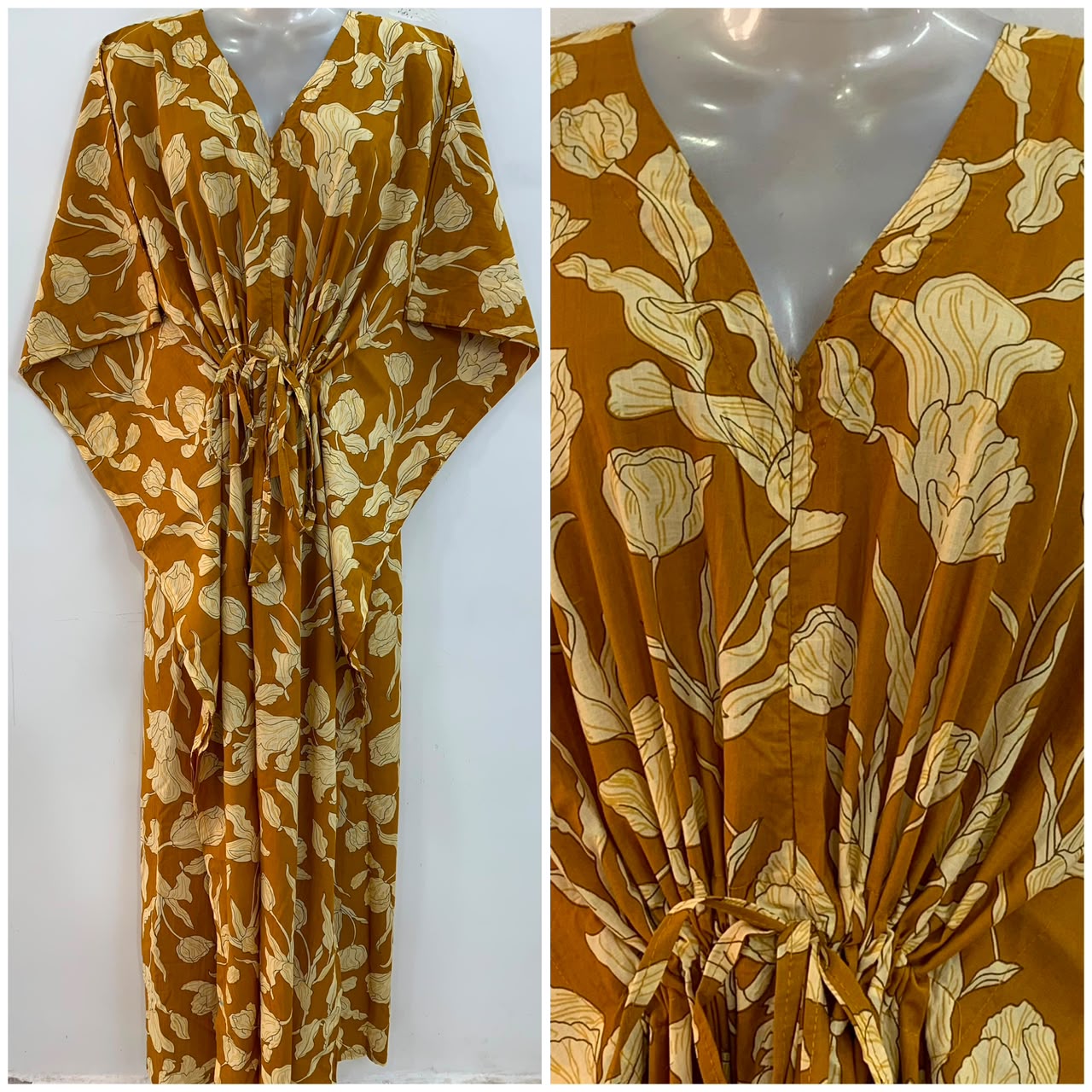 Mustard Brown shade Tulip Flower Print Cotton Maternity Nursing Kaftan