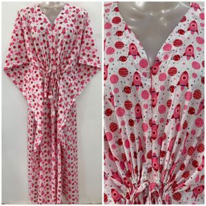 White Shade Pink Rocket Print Cotton Maternity Nursing Kaftan