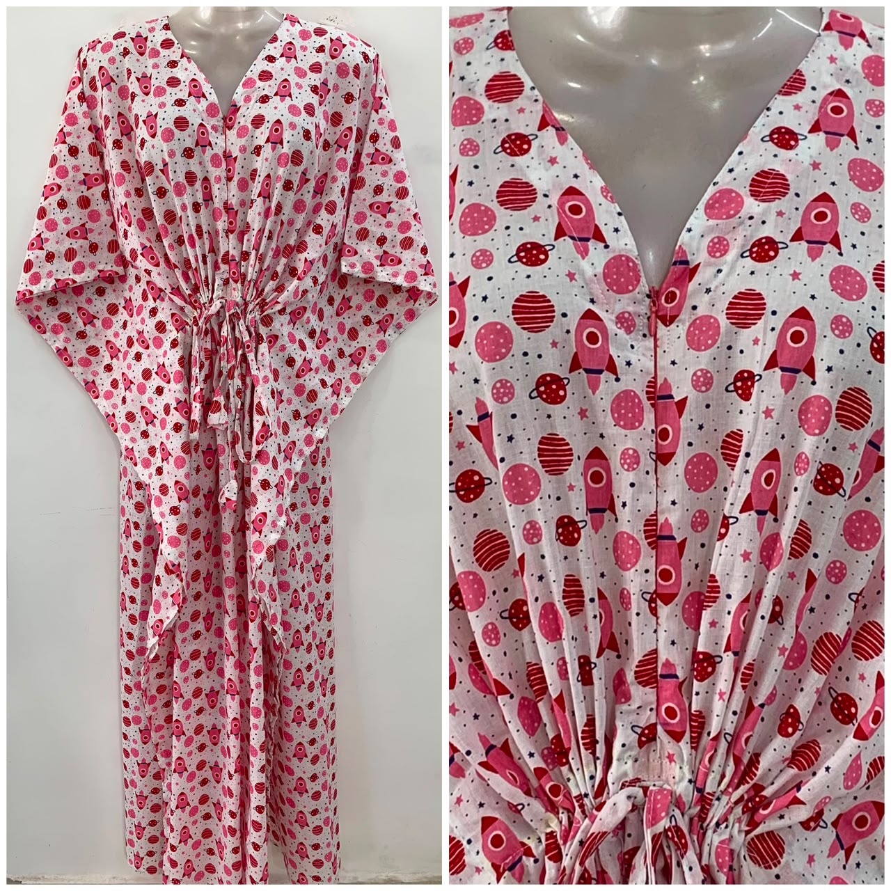 White Shade Pink Rocket Print Cotton Maternity Nursing Kaftan