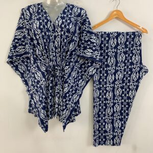 Dark Blue Shade Egyptian Ikkat Print Cotton Maternity Kaftan Co-Ord Set