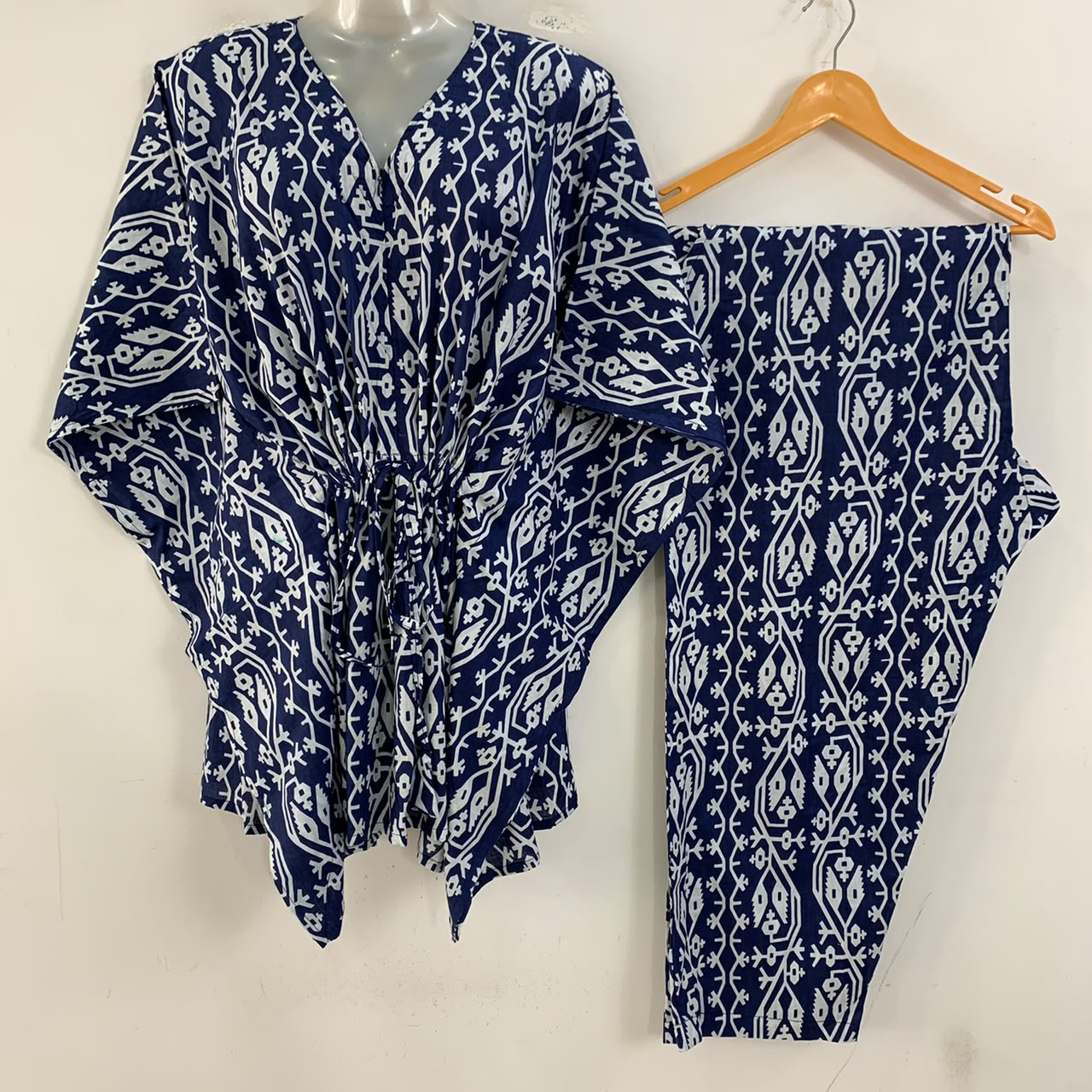 Dark Blue Shade Egyptian Ikkat Print Cotton Maternity Kaftan Co-Ord Set