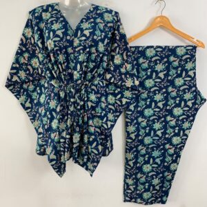 Blue Shade Flowry Jungle Print Cotton Maternity Kaftan Co-Ord Set
