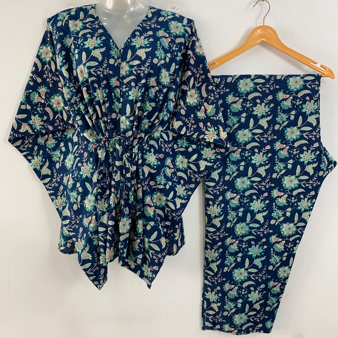 Blue Shade Flowry Jungle Print Cotton Maternity Kaftan Co-Ord Set