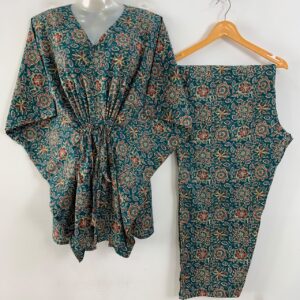 Teal Blue Shade Ajrakh Floral Print Cotton Maternity Kaftan Co-Ord Set
