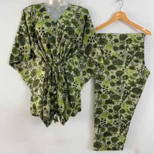 Light Green Shade Green Dalia Flower Print Cotton Maternity Kaftan Co-Ord Set