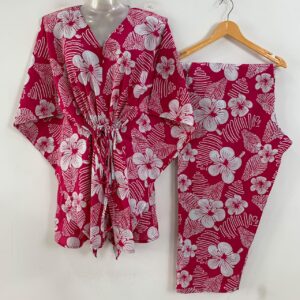 Pink Shade Hibiscus String Print Cotton Maternity Kaftan Co-Ord Set