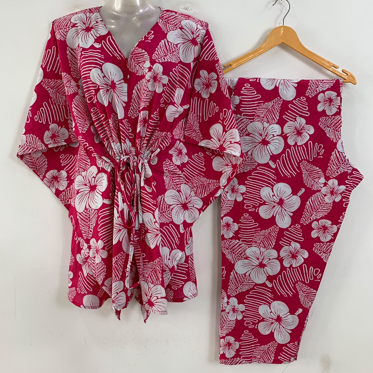 Pink Shade Hibiscus String Print Cotton Maternity Kaftan Co-Ord Set