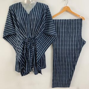 Blue-Grey Lining Print Cotton Maternity Kaftan Co-Ord Set