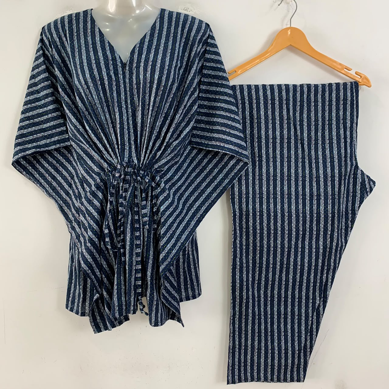Blue-Grey Lining Print Cotton Maternity Kaftan Co-Ord Set