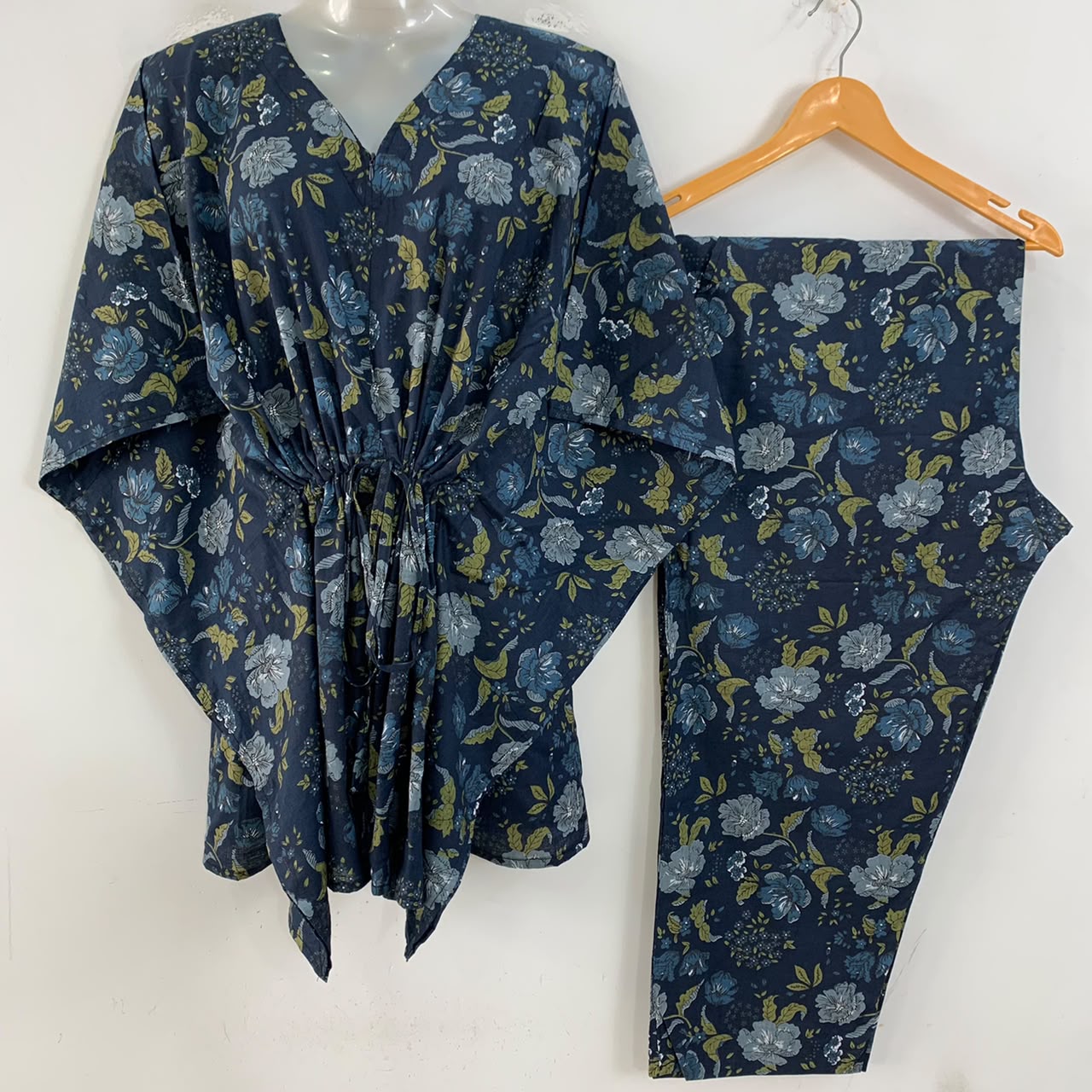 Navy Blue Shade Beautiful Flower Garden Print Cotton Maternity Kaftan Co-Ord Set