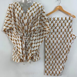 White Shade Yellow Leopard Print Cotton Maternity Kaftan Co-Ord Set