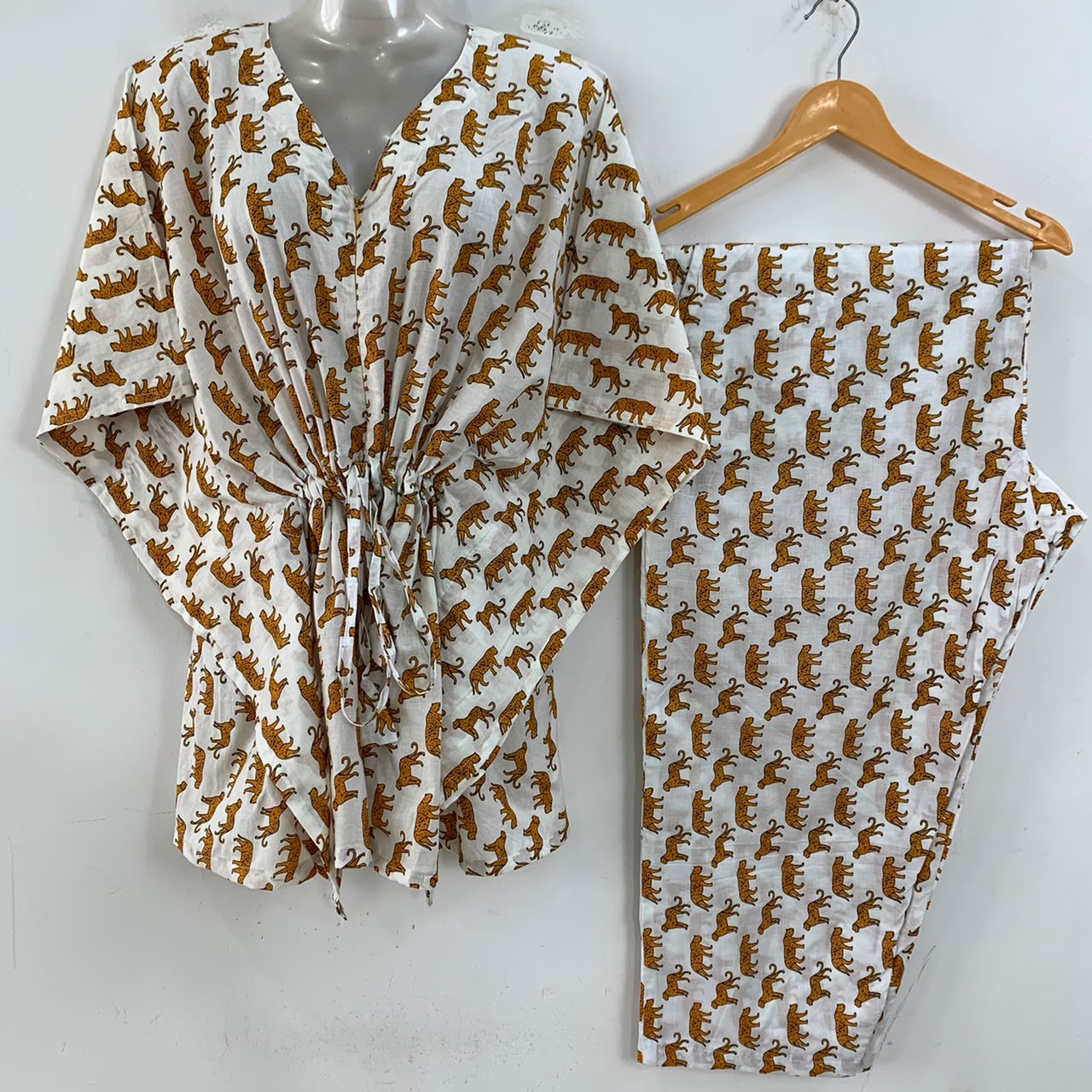 White Shade Yellow Leopard Print Cotton Maternity Kaftan Co-Ord Set