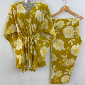 Yellow Shade Big Flower Print Cotton Maternity Kaftan Co-Ord Set