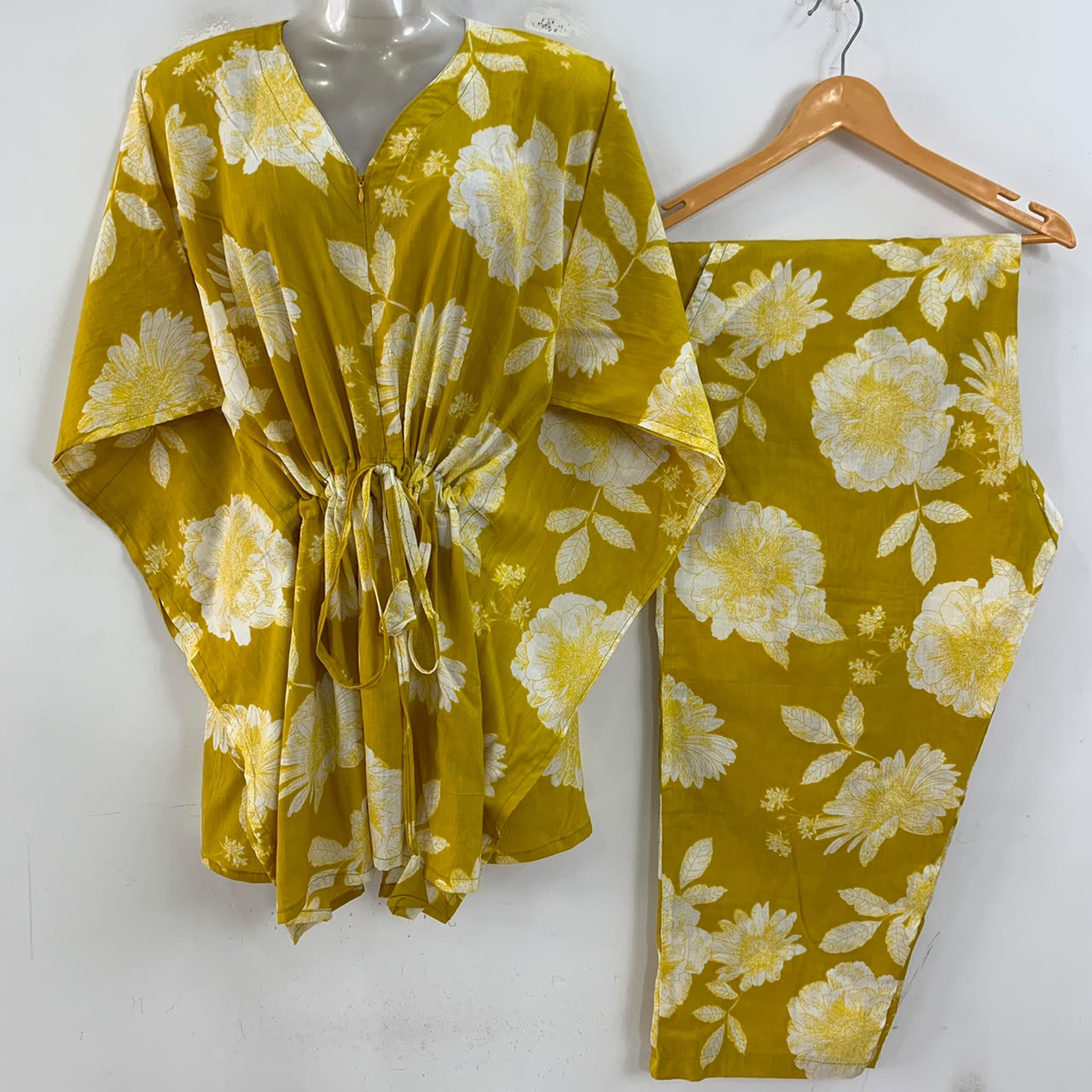 Yellow Shade Big Flower Print Cotton Maternity Kaftan Co-Ord Set