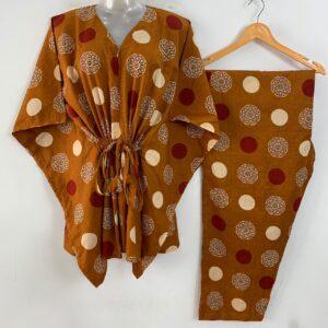 Mustard Brown Shade Polka Dot Mandala Print Cotton Maternity Kaftan Co-Ord Set