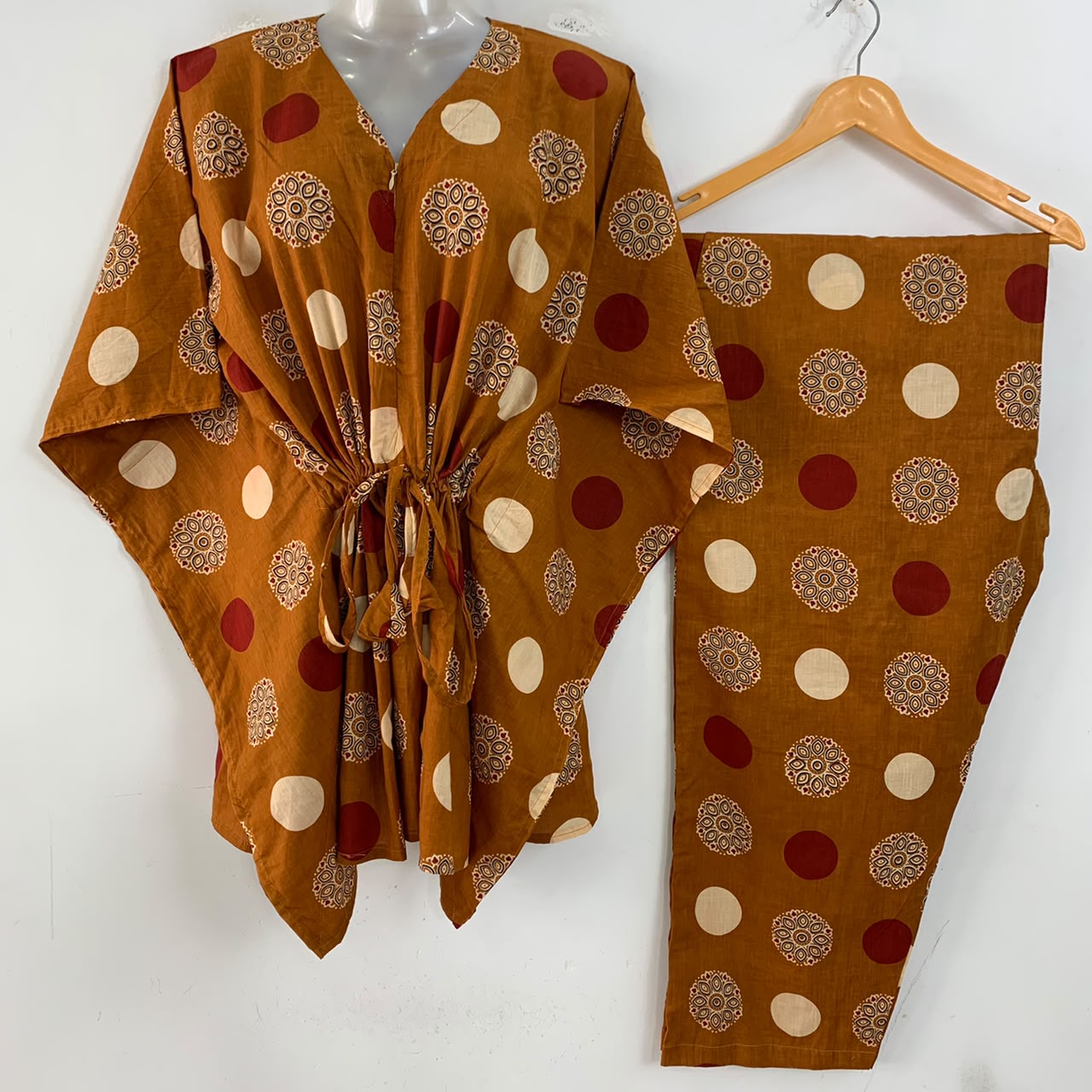 Mustard Brown Shade Polka Dot Mandala Print Cotton Maternity Kaftan Co-Ord Set