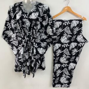 Black Shade Big White Leafy Print Cotton Maternity Kaftan Co-Ord Set