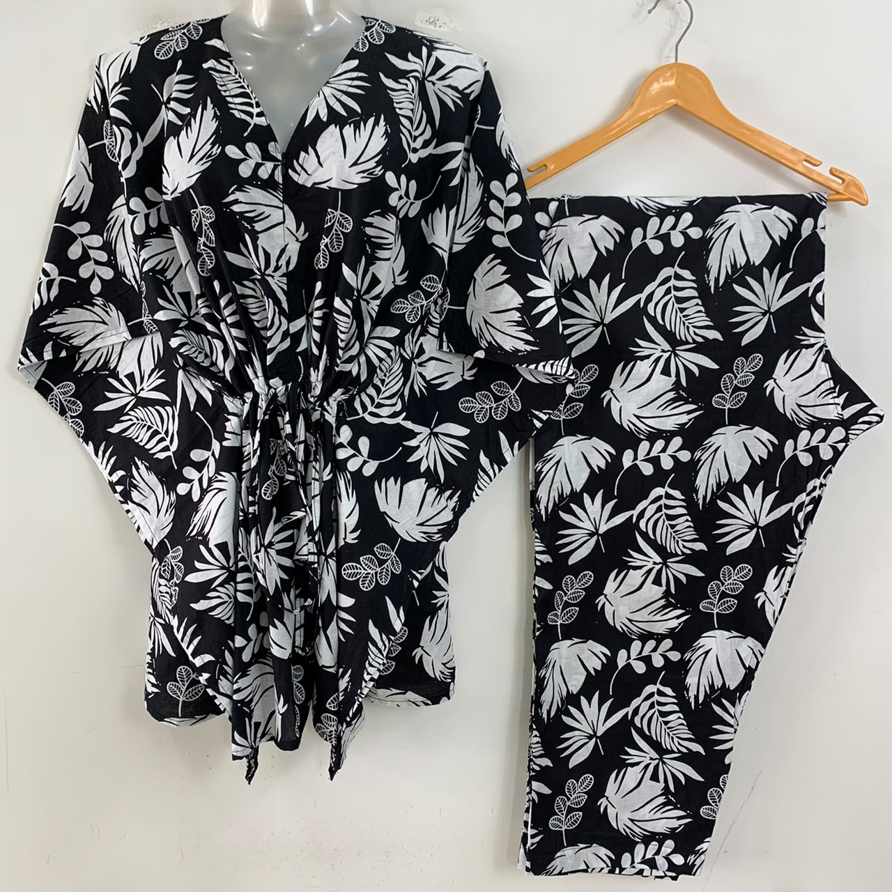Black Shade Big White Leafy Print Cotton Maternity Kaftan Co-Ord Set