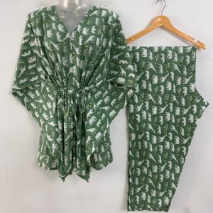 Slate Green Shade Animal Print Cotton Maternity Kaftan Co-Ord Set