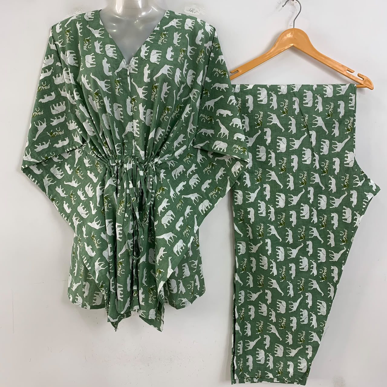 Slate Green Shade Animal Print Cotton Maternity Kaftan Co-Ord Set