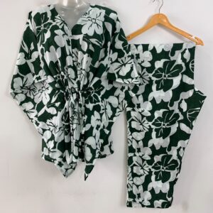 Green Shade Big Flower Garden Print Cotton Maternity Kaftan Co-Ord Set