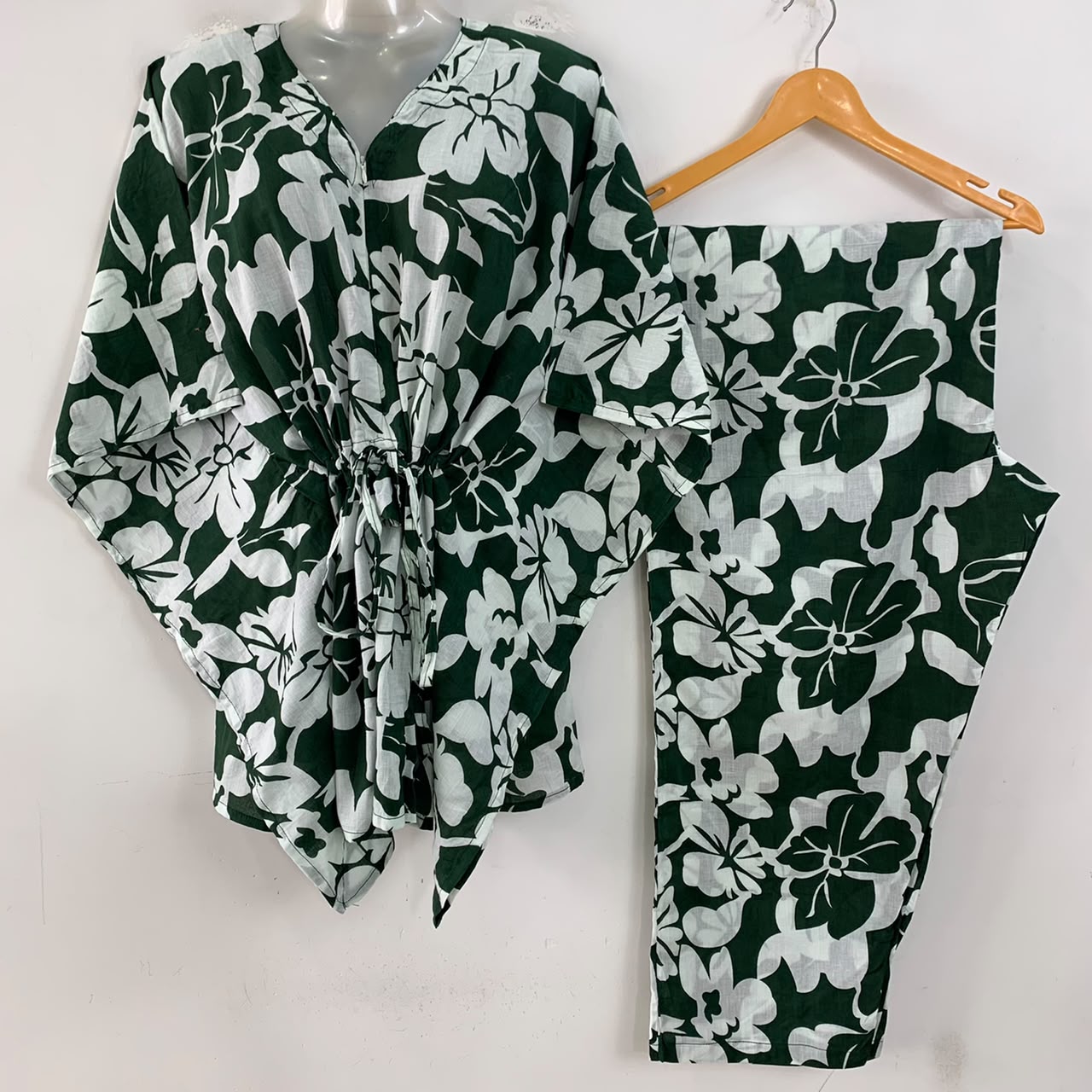 Green Shade Big Flower Garden Print Cotton Maternity Kaftan Co-Ord Set