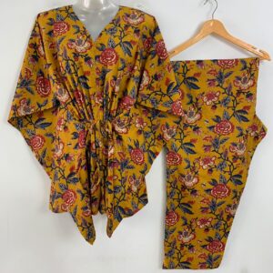 Mustard Yellow Shade Red Marigold Flower Print Cotton Maternity Kaftan Co-Ord Set