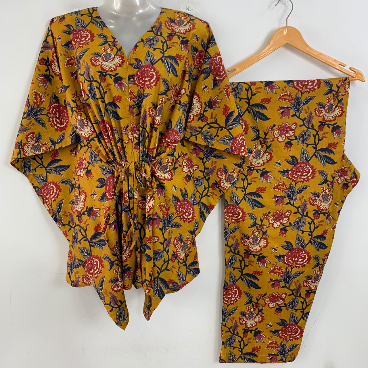 Mustard Yellow Shade Red Marigold Flower Print Cotton Maternity Kaftan Co-Ord Set