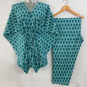 Light Seagreen Shade Small Alp Design Print Cotton Maternity Kaftan Co-Ord Set