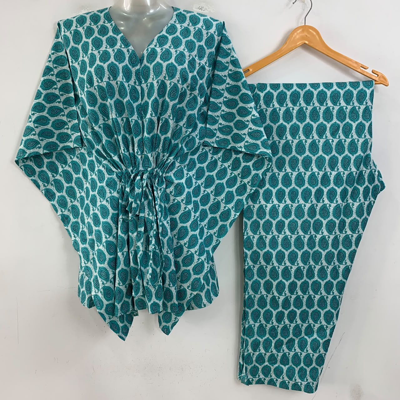 Light Seagreen Shade Small Alp Design Print Cotton Maternity Kaftan Co-Ord Set