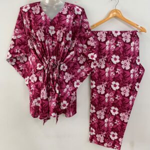 Maroon Shade Flax Flower Print Cotton Maternity Kaftan Co-Ord Set