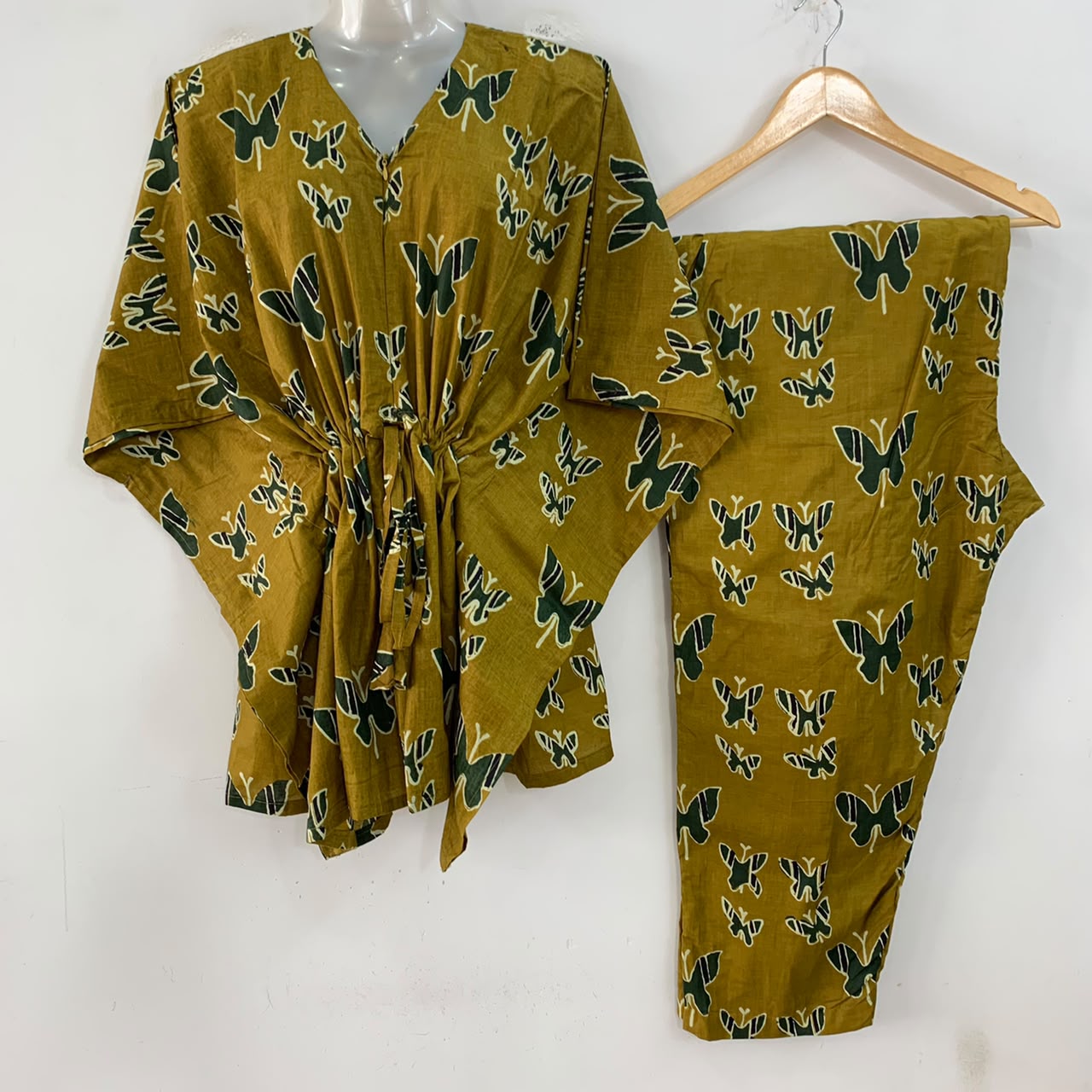 Olive Green Shade Green Butterfly Print Cotton Maternity Kaftan Co-Ord Set