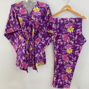 Purple Shade Yellow-Pink Morning Glory Flower Print Cotton Maternity Kaftan Co-Ord Set