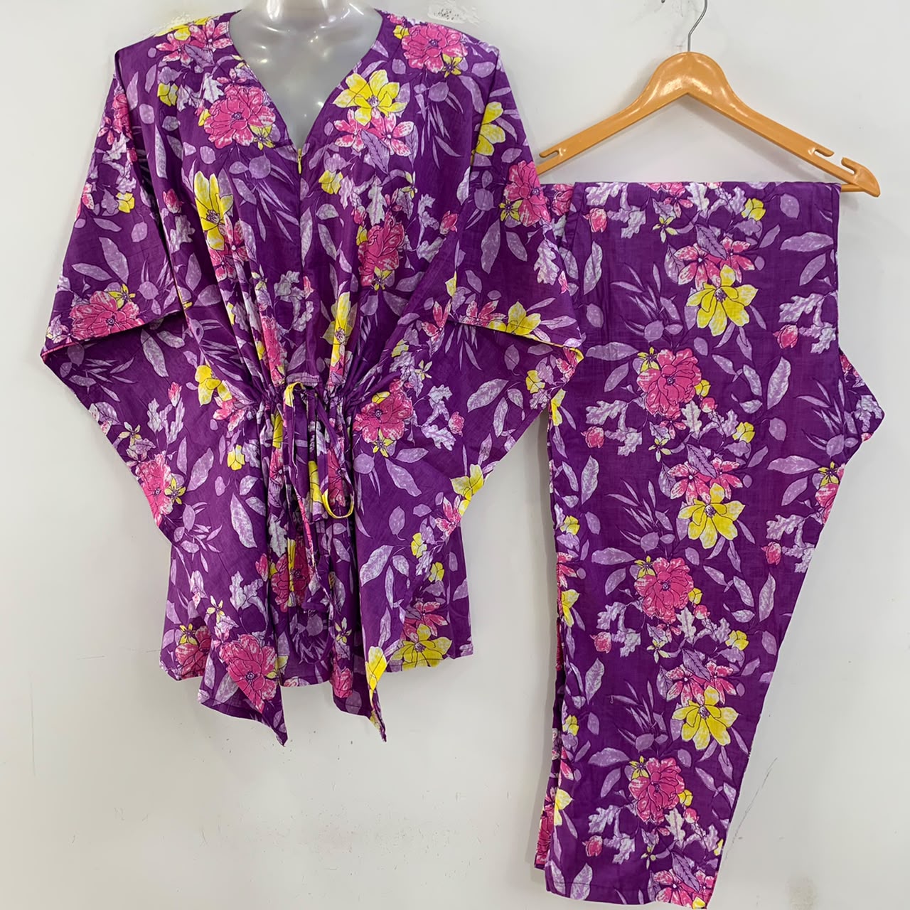 Purple Shade Yellow-Pink Morning Glory Flower Print Cotton Maternity Kaftan Co-Ord Set
