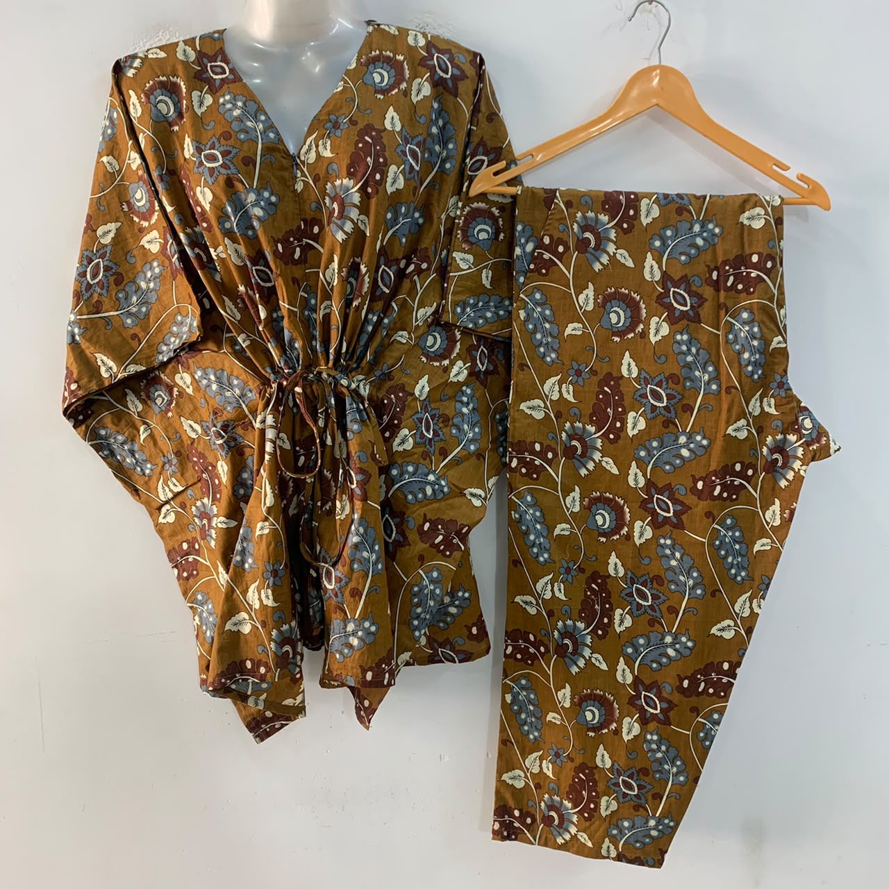 Brown Shade Grey Brown Leafy Print Cotton Maternity Kaftan Co-Ord Set