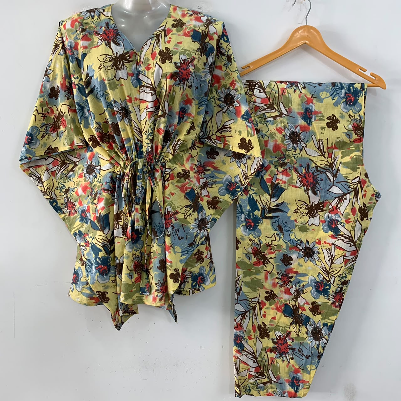 Blue-Yellow Abstract Painted Print Cotton Maternity Kaftan Co-Ord Set