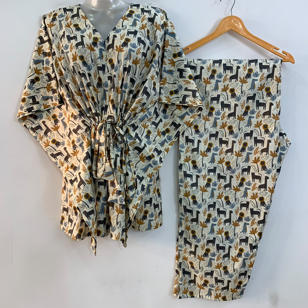 Off White Grey-Yellow Animal Print Cotton Maternity Kaftan Co-Ord Set
