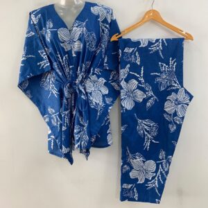 Blue Shade Pumpkin Flower Print Cotton Maternity Kaftan Co-Ord Set