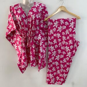 Pink Shade Autumn Leafy Print Cotton Maternity Kaftan Co-Ord Set